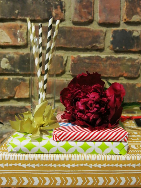 Gift wrap, red peony, gold striped straws--design by Spunky Sapphire Events--thespunkysapphire.wordpress.com